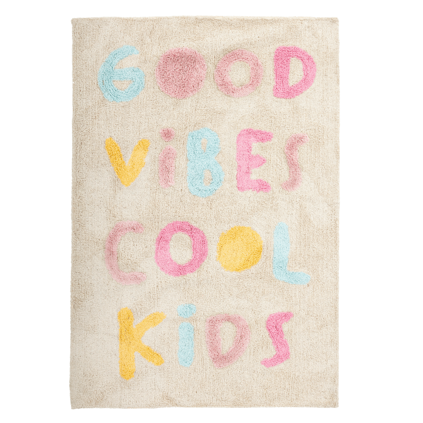 Barneteppe i tuftet bomull 100 x 150 cm med teksten Good Vibes Cool Kids i rosa, gul og blå på lys bakgrunn