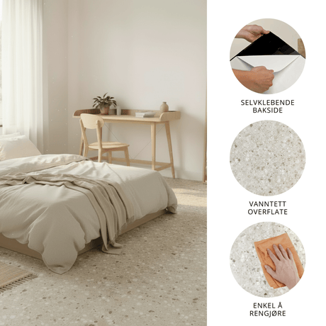 Sahara beige selvklebende fliser i et lyst soverom, med nærbilder av flisens oppbygning og overflate. - Lindas dekor 