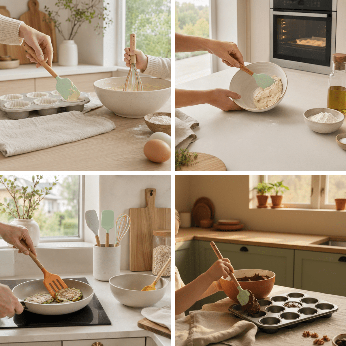 Kollasj med fem miljøbilder som viser kjøkkenredskapene brukt til matlaging og baking. - Lindas dekor 
