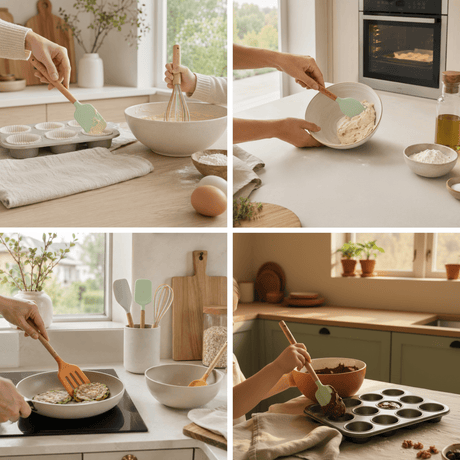 Kollasj med fem miljøbilder som viser kjøkkenredskapene brukt til matlaging og baking. - Lindas dekor 