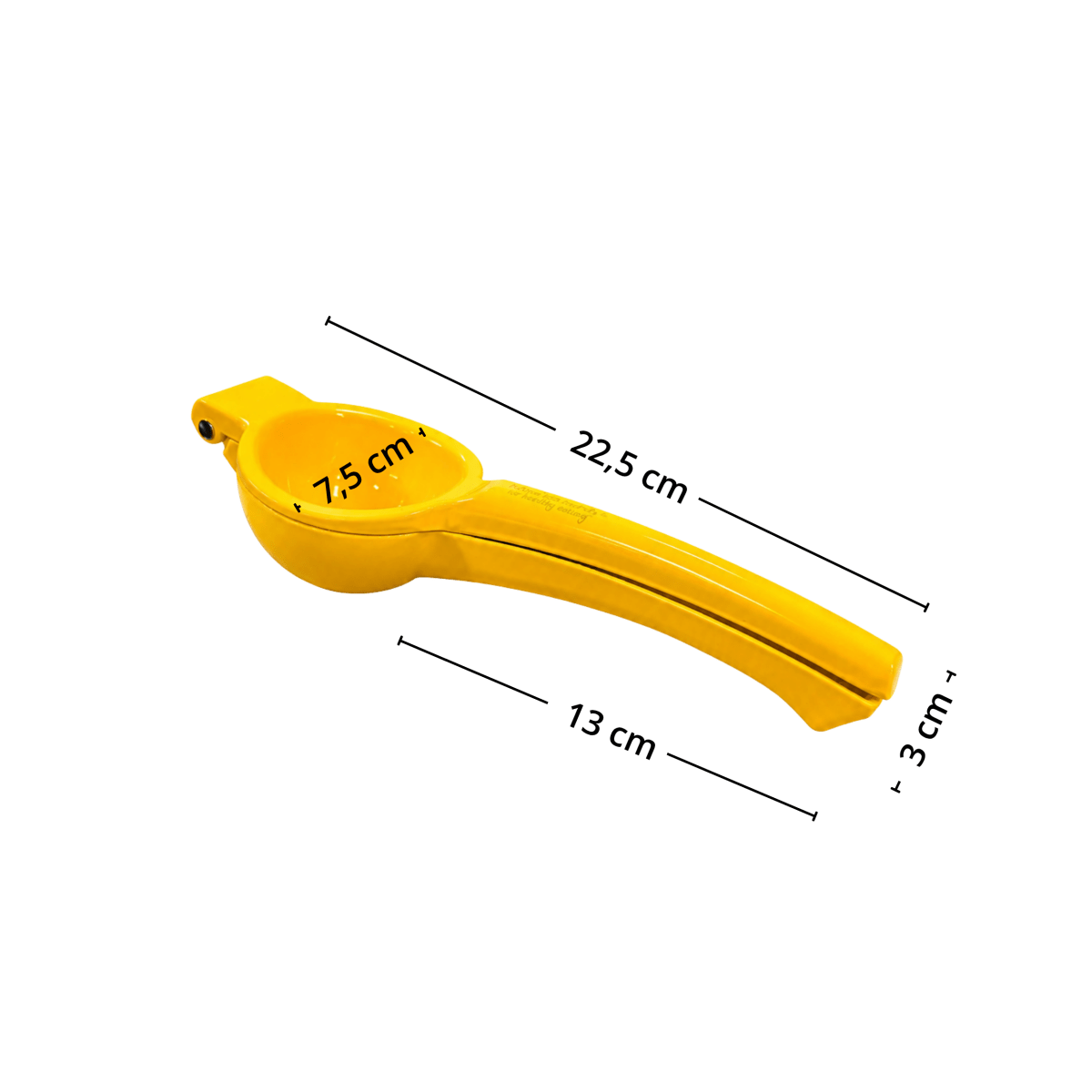 Gul KitchenCraft-sitronpresse med målene 22,5 cm i lengde, 7,5 cm i dybde og 5 cm i høyde. - Lindas dekor 