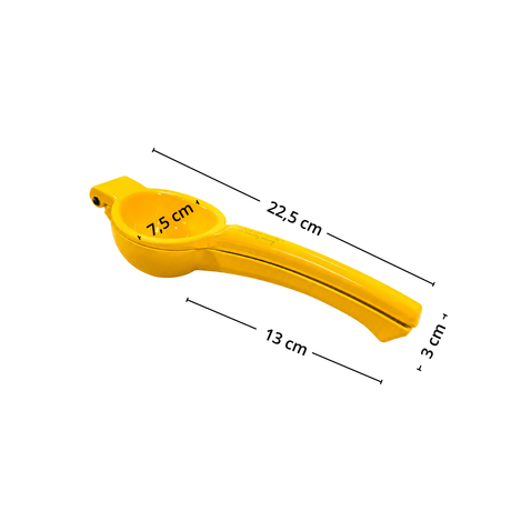 Gul KitchenCraft-sitronpresse med målene 22,5 cm i lengde, 7,5 cm i dybde og 5 cm i høyde. - Lindas dekor 