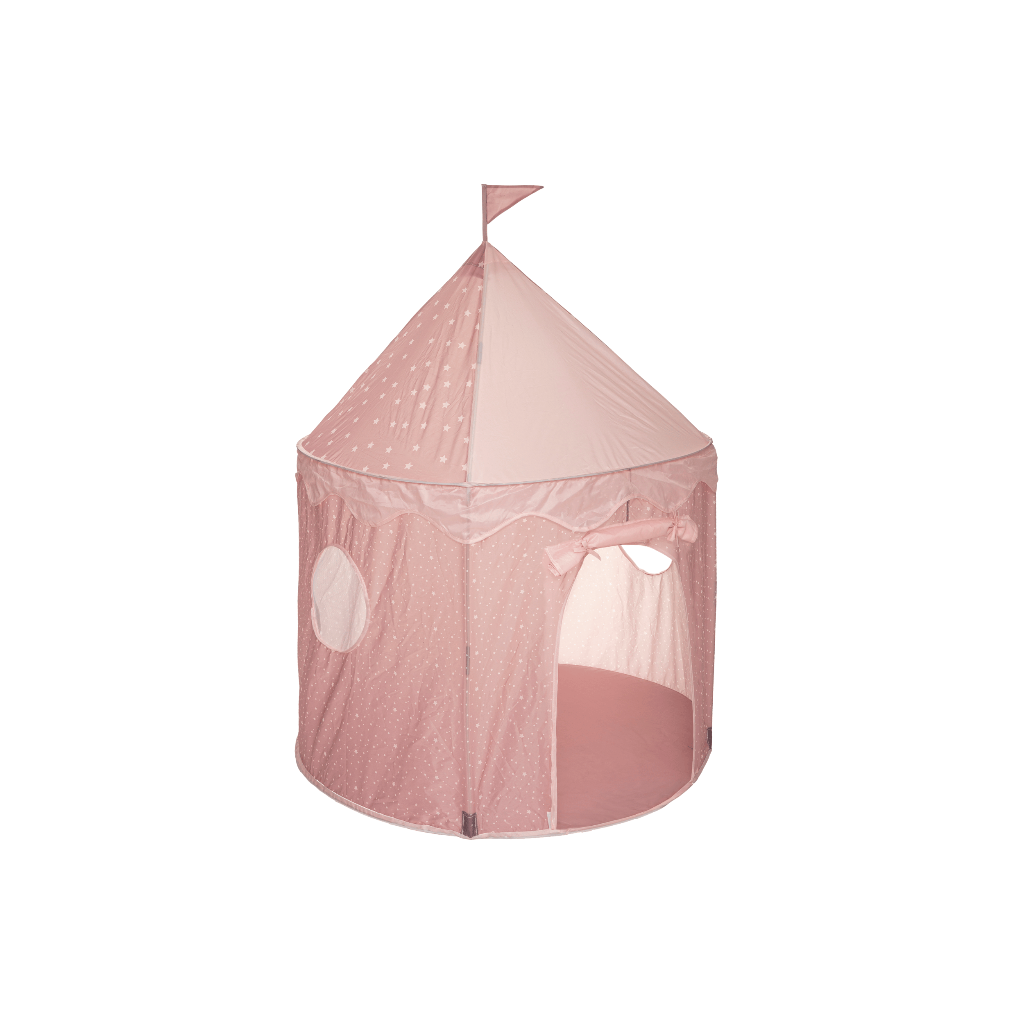 Rosa popup leketelt for barn med rundt design, stjernemønster, vindu og inngang