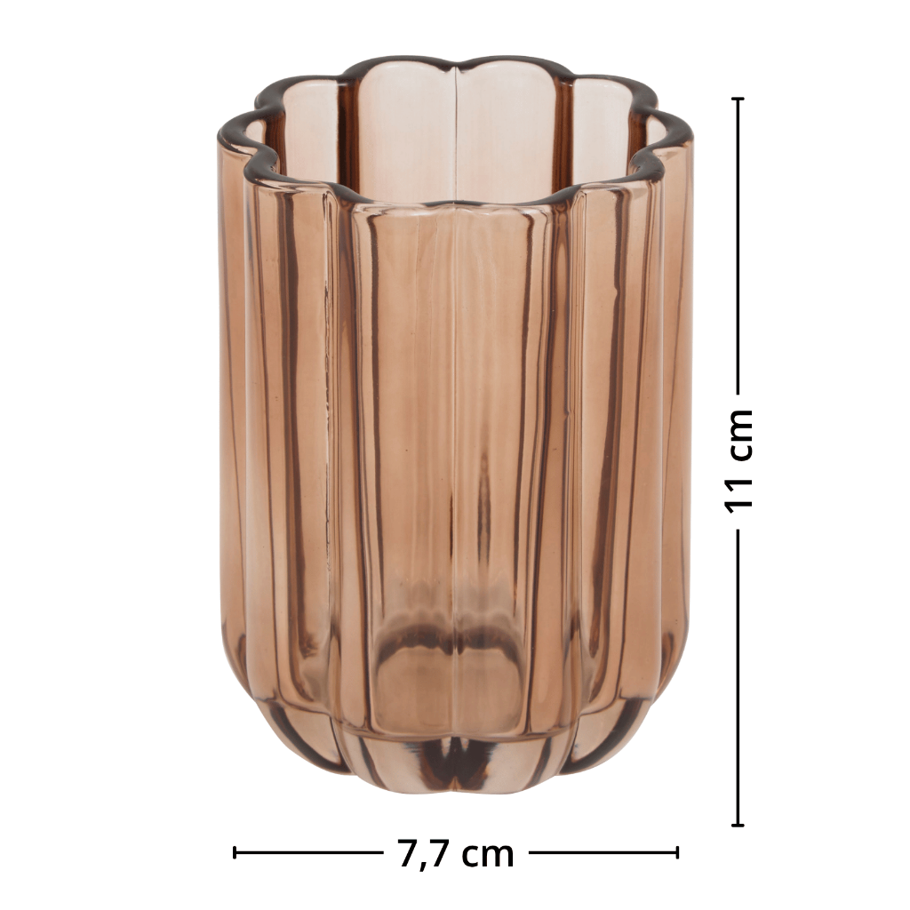 Tannbørsteholder i ravglass med mål 11 cm høyde og 7,7 cm diameter