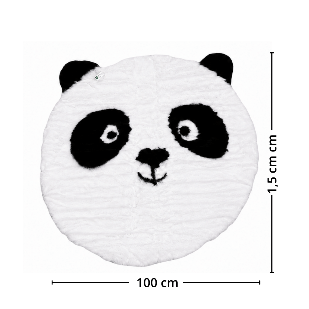 Rundt pandateppe i svart og hvitt med mål på 100 cm i diameter og cirka 1,5 cm høyde, formet som et pandaansikt med ører.