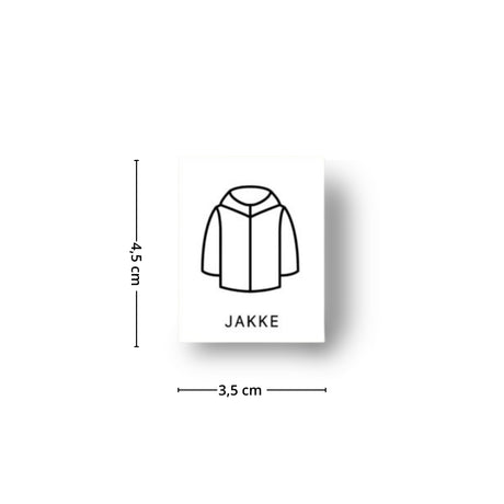 Etikett til barneklær med jakkeikon og teksten Jakke, vist med mål 3,5 x 4,5 cm for enkel merking av oppbevaringsbokser og garderobe.