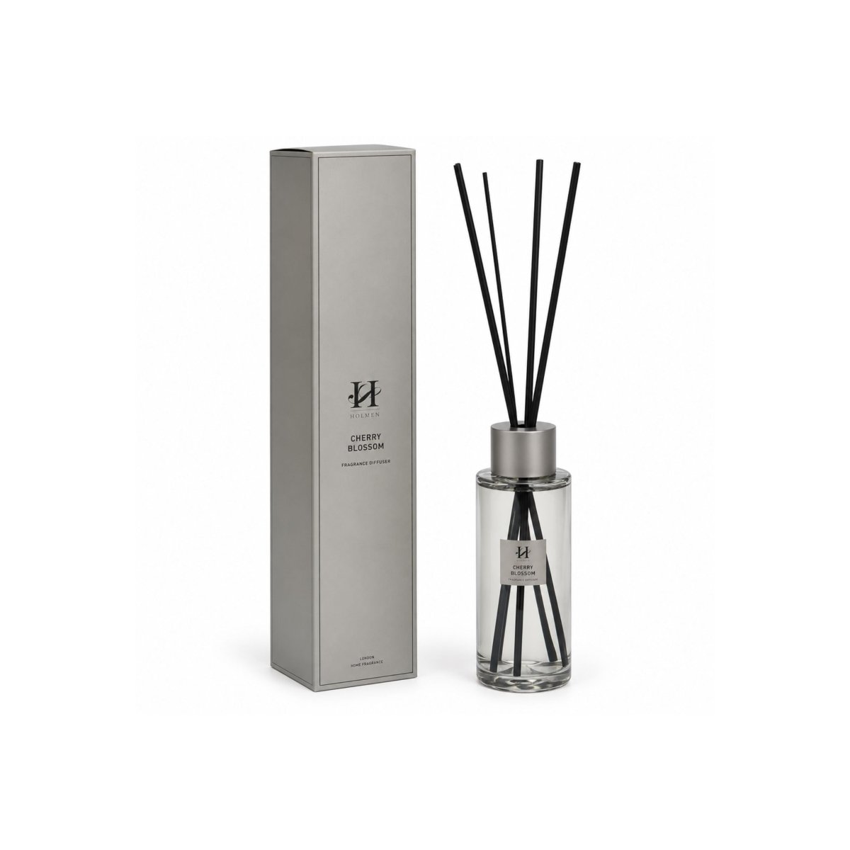 Chantelle duftpinner Cherry Blossom 1200 ml i klar glassflaske med sorte duftpinner og lys gaveeske.