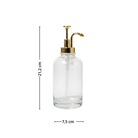 Produktbilde av sirupdispenser i klart glass med gullpumpe på hvit bakgrunn. - Lindas dekor