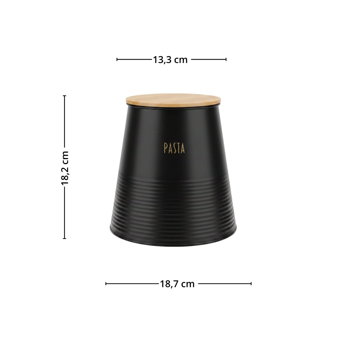 Sort pastaboks i metall med bambuslokk og målvisning som viser høyde 18,2 cm, toppbredde 13,3 cm og bunnbredde 18,7 cm. - Lindas dekor