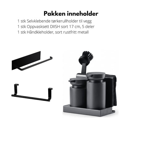 Kjøkkenbenk med sort oppvaskorganisering og praktiske holdere