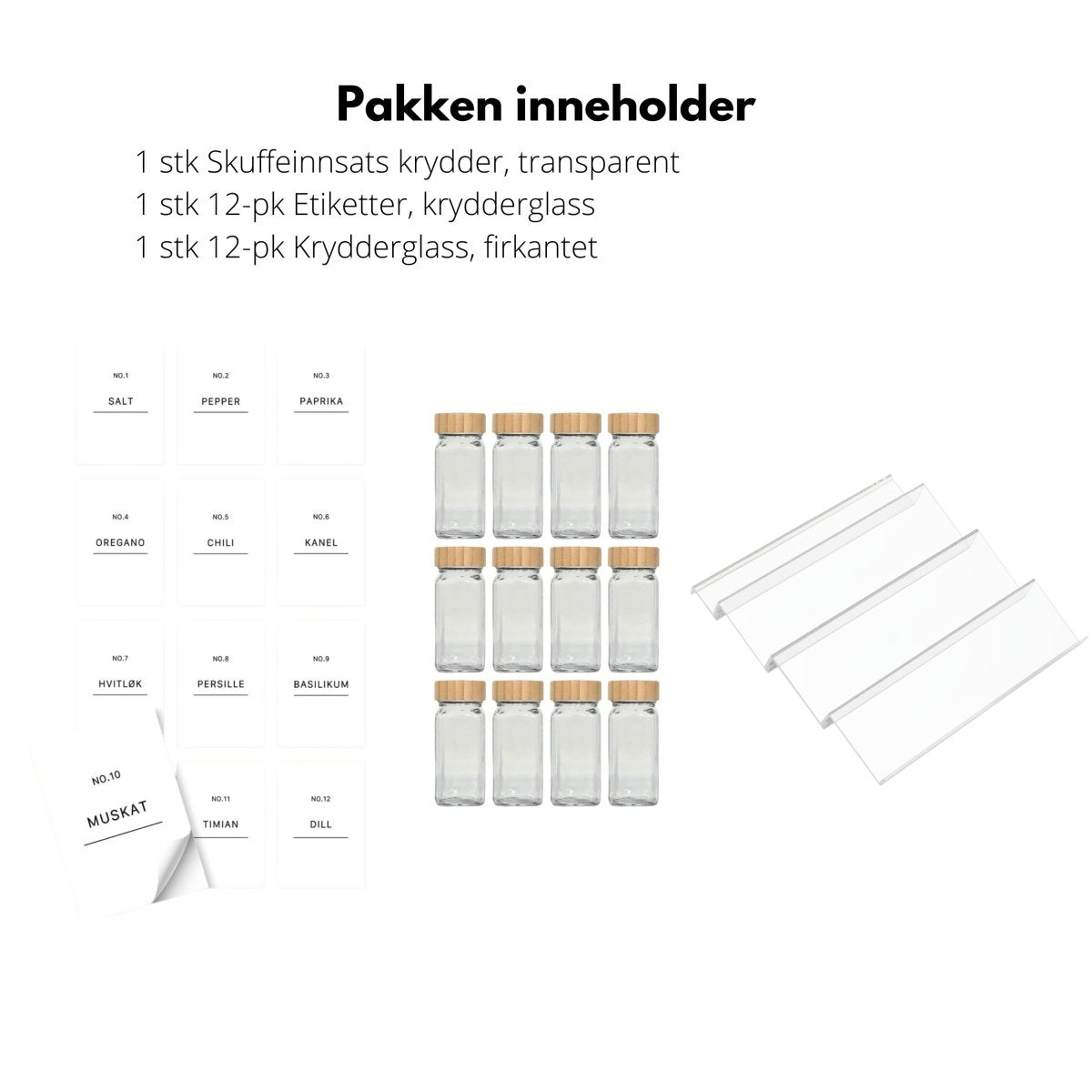 Krydderorganisering sett med skuffeinnsats, 12 krydderglass og etiketter