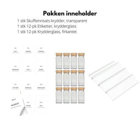 Krydderorganisering sett med skuffeinnsats, 12 krydderglass og etiketter