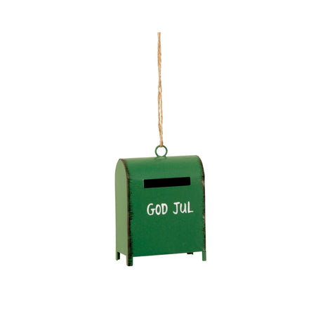 Grønn postkasse julepynt med hvit God Jul tekst