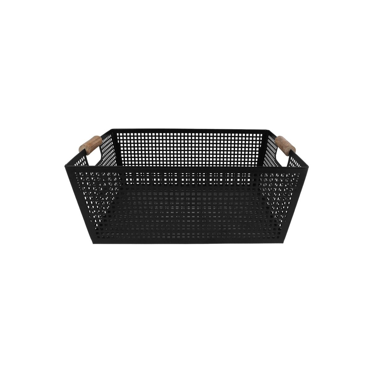 Oppbevaringskurv med håndtak i sort metall og tre 38 x 26 x 14 cm - Lindas Dekor Oppbevaringskurv