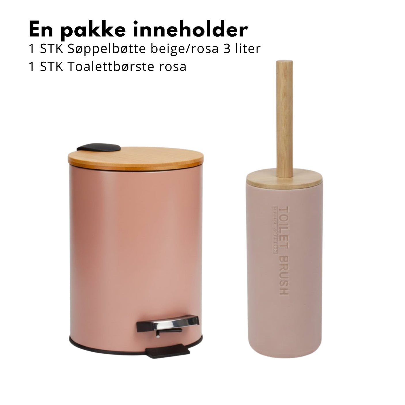 Pakken inneholder rosa pedalbøtte 3 liter og matchende toalettbørste med bambusdetaljer