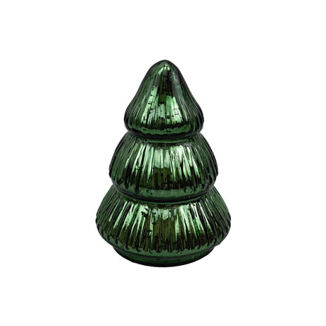 Lite juletre i grønt strukturert glass 8,5 x 8,5 x 11,5 cm på hvit bakgrunn