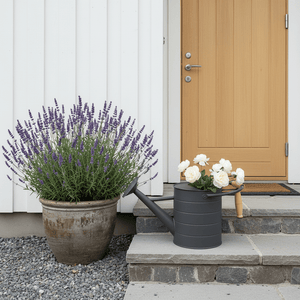 Dekorativ vannkanne med blomster plassert på et lite bord ved lavendel og andre planter på en lys uteplass. - Lindas dekor 