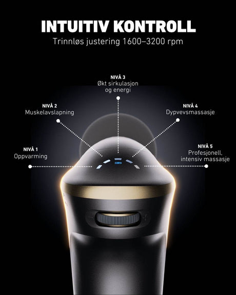 FS700 massasjepistol med trinnløs justering fra 1600–3200 rpm – fem intensitetsnivåer for tilpasset massasje.