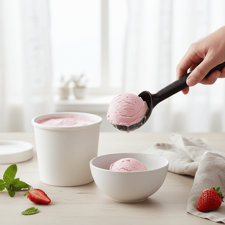 Iskremkje brukt til å servere en rosa iskremkule i dessertskål.