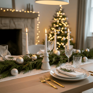 Elegant julepyntet spisebord med hvide lysestager formet som juletræer med guldkant og tændte stearinlys, omkranset af grangrene og juledekorationer i varm, festlig belysning