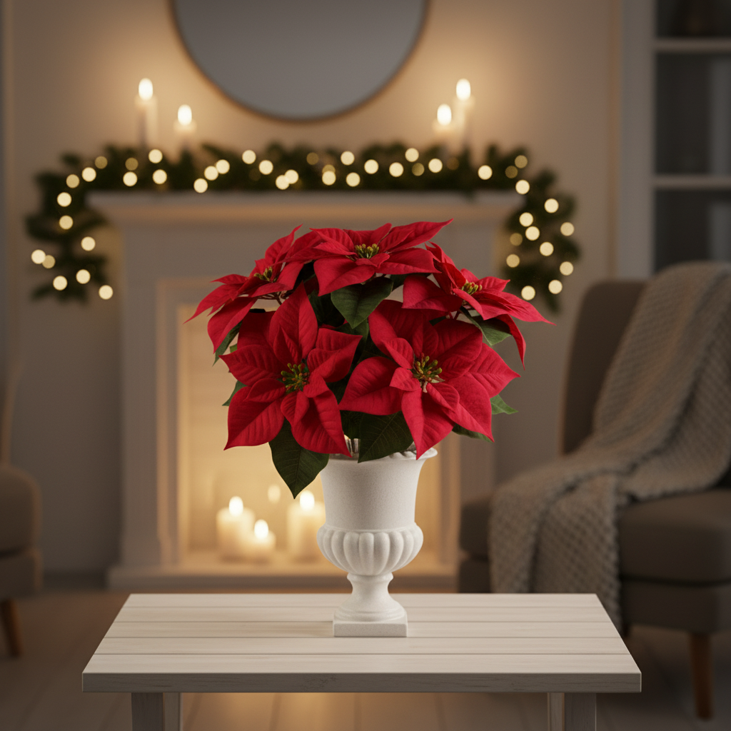 Røde julestjerner samlet i hvit keramisk urne i julepyntet stue med varm stemningsbelysning - perfekt juledekorasjon