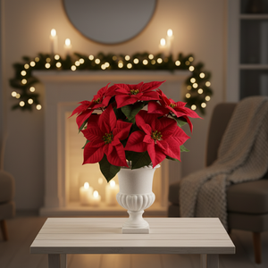 Røde julestjerner samlet i hvit keramisk urne i julepyntet stue med varm stemningsbelysning - perfekt juledekorasjon