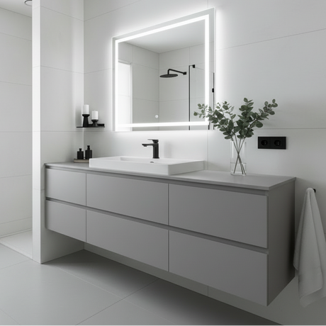 Cloudy grey kontakplast på baderomsinnredning. Enkel og billig oppussing av bad