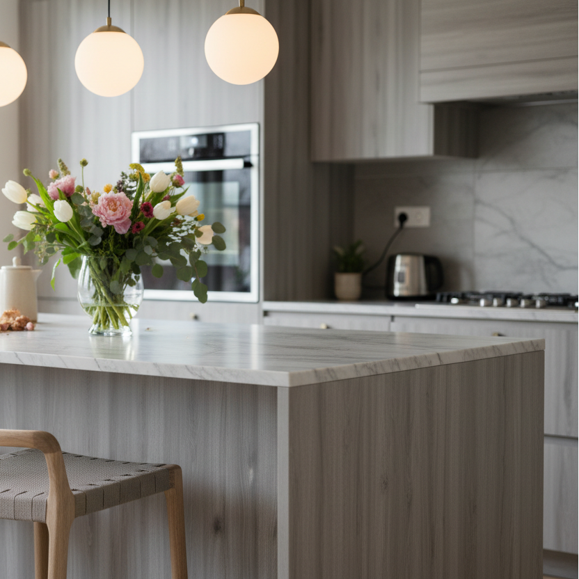 Detaljbilde av kontaktplast med naturtro trestruktur i grå eik