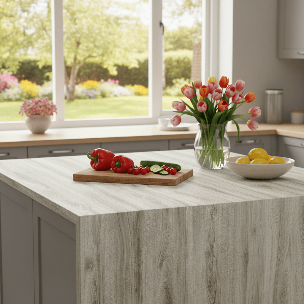 Selvheftende kontaktplast i Premium Artico Oak-design med moderne, nordisk trelook og myke grå nyanser.