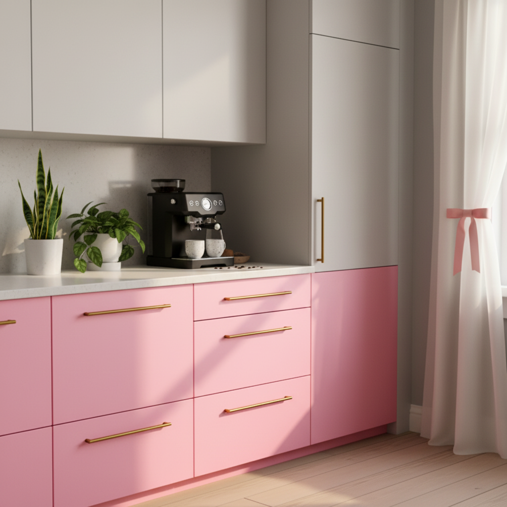 Selvklebende rosa folie til kjøkkenfronter – moderne oppussing uten å bytte skap