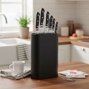 Knivblokk med kniver i hverdagskjøkken