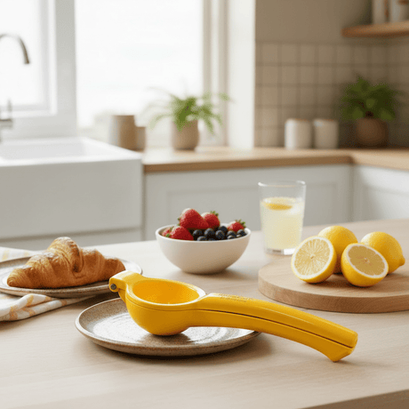 Gul KitchenCraft-sitronpresse på et lyst kjøkkenbord med croissanter, bær, sitroner og et glass sitronsaft. - Lindas dekor 