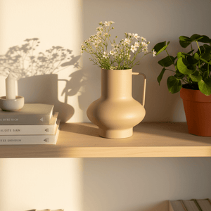 Liten dekorvase i matt sandfarge plassert på hylle med grønne planter