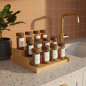 Bambus krydderhylle med 3 trinn – krydderstativ til kjøkkenbenk og skap