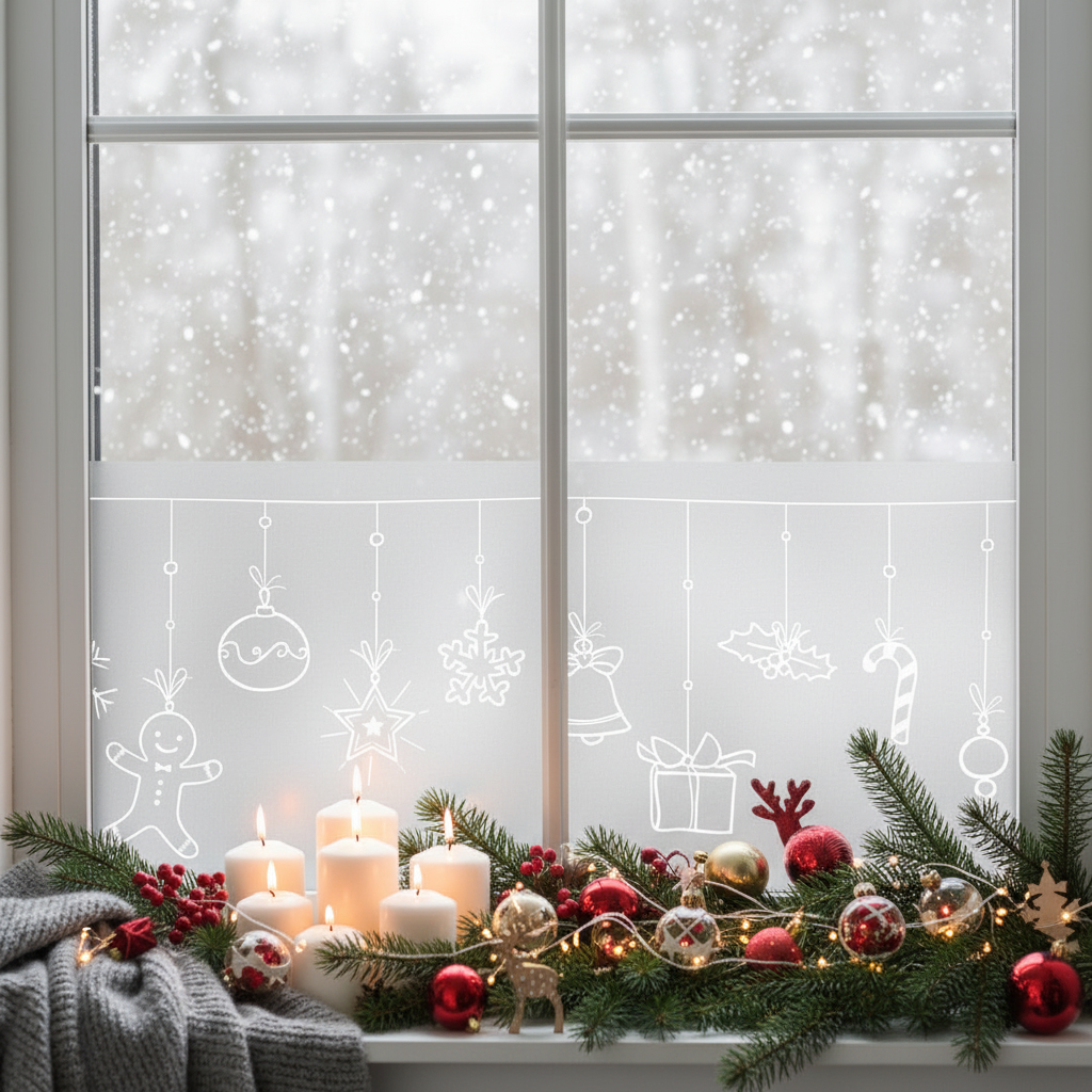 Winter garland vindusfolie med vintergirlander på vindu med julepyntet vinduskarm med granbar, stearinlys, julekuler og lysdekorasjoner i varm julekos