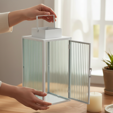 2-pk Lykt hvit metall stripet glass