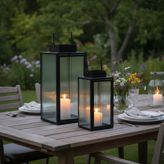 Lykter sort metall stripet glass på terrasse med levende lys kveldsstemning
