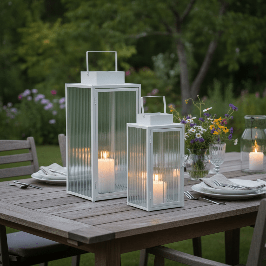 2 - pk Lykt hvit metall stripet glass - Lindas Dekor