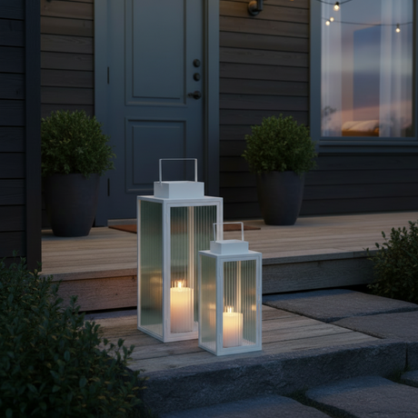 2-pk Lykt hvit metall stripet glass