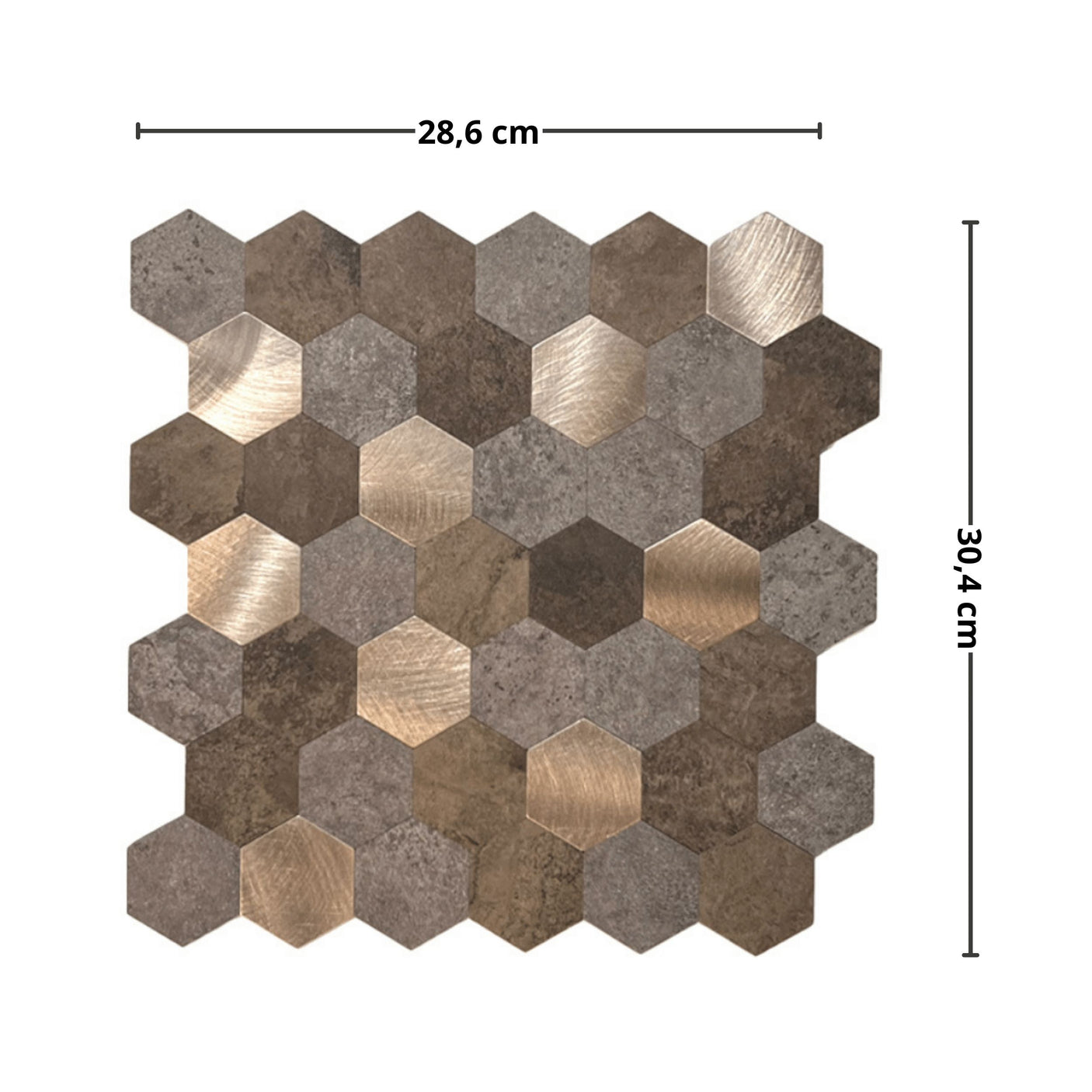 Mål på Mocca hexagon selvklebende fliser. 28,6 cm bredde og 30, 4 cm høyde.