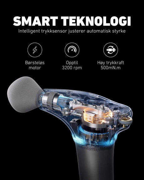 Massasjepistol med børsteløs motor og intelligent trykksensor som automatisk justerer styrken.