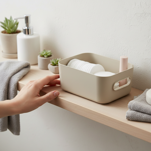 Beige oppbevaringsboks i resirkulert plast til organisering hjemme