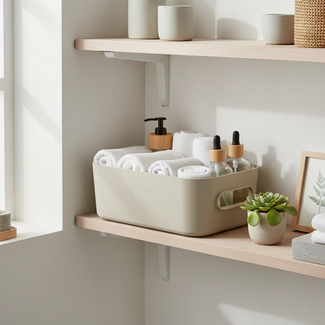 Stor beige oppbevaringsboks i resirkulert plast til hjemmet