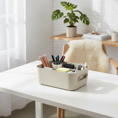 Oppbevaringsboks med integrerte håndtak i myk beige tone