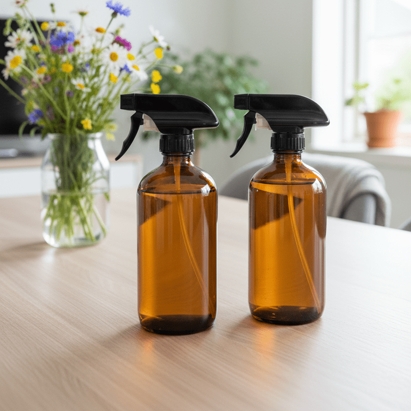 Gjenbrukbar sprayflaske i amber glass med minimalistisk design