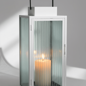 2 - pk Lykt hvit metall stripet glass - Lindas Dekor