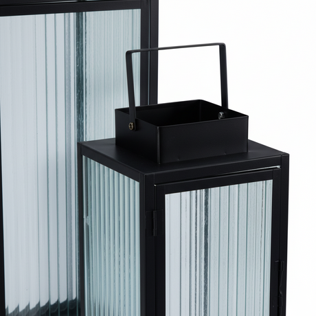 Lykter sort metall sett 2 stk produktbilde størrelsessammenligning 16-45 cm
