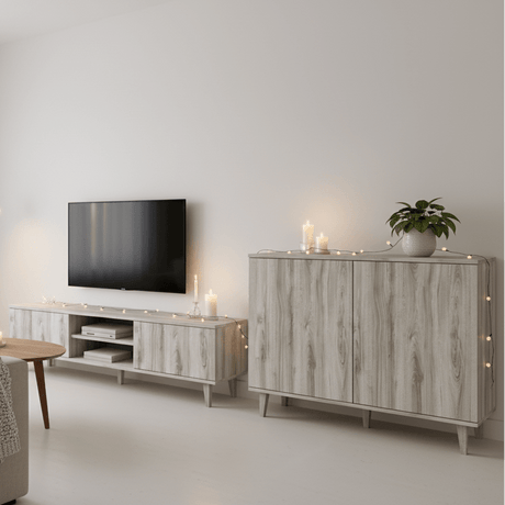 TV benk med Artico oak kontaktplast som gir moderne trelook i stue