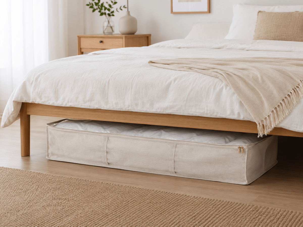 Beige förvaringspås med glidlås och genomskinlig topp, placerad under en ljus trääng i ett ljust, skandinaviskt sovrum.