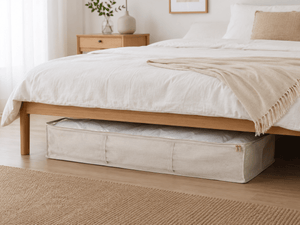 Beige förvaringspås med glidlås och genomskinlig topp, placerad under en ljus trääng i ett ljust, skandinaviskt sovrum.